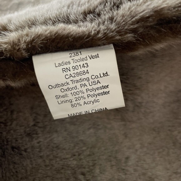 Womens Outback TRADING Brown Faux Tooled SUEDE Zip Vest Grey Faux Fur Lined XL - Picture 8 of 8